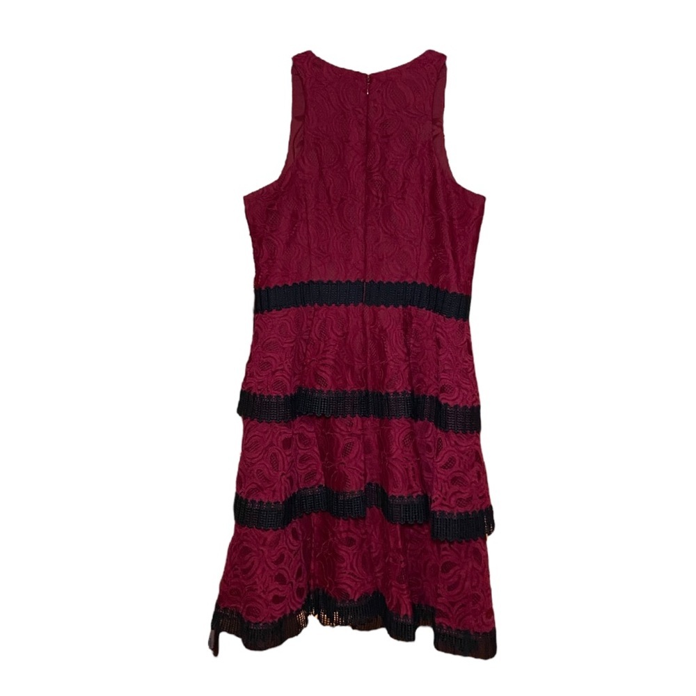 Aidan Mattox Lace Tiered Dress Size 8 Ruffled Lace A Line Burgundy Red Black - Picture 5 of 7